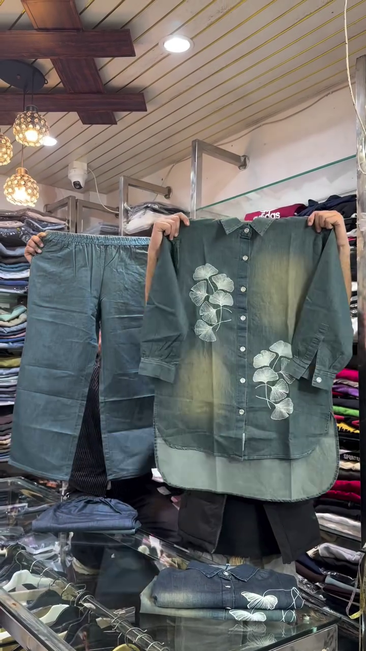 Dark Green Leaf Embroidered Relaxed Fit Shirt with Casual Pants Co-Ord Set for Men