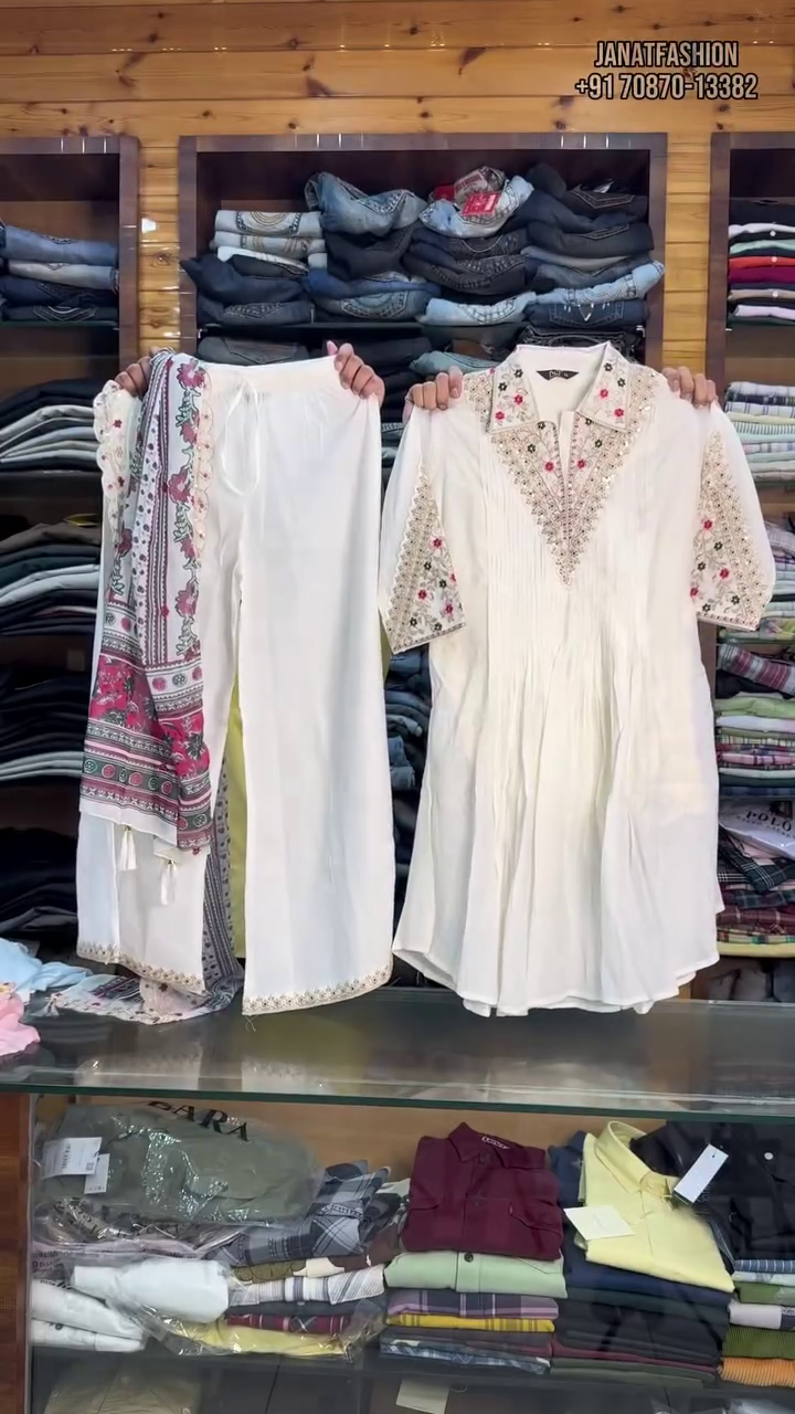 White Embroidered Ethnic Kurti with Straight Pants and Printed Dupatta