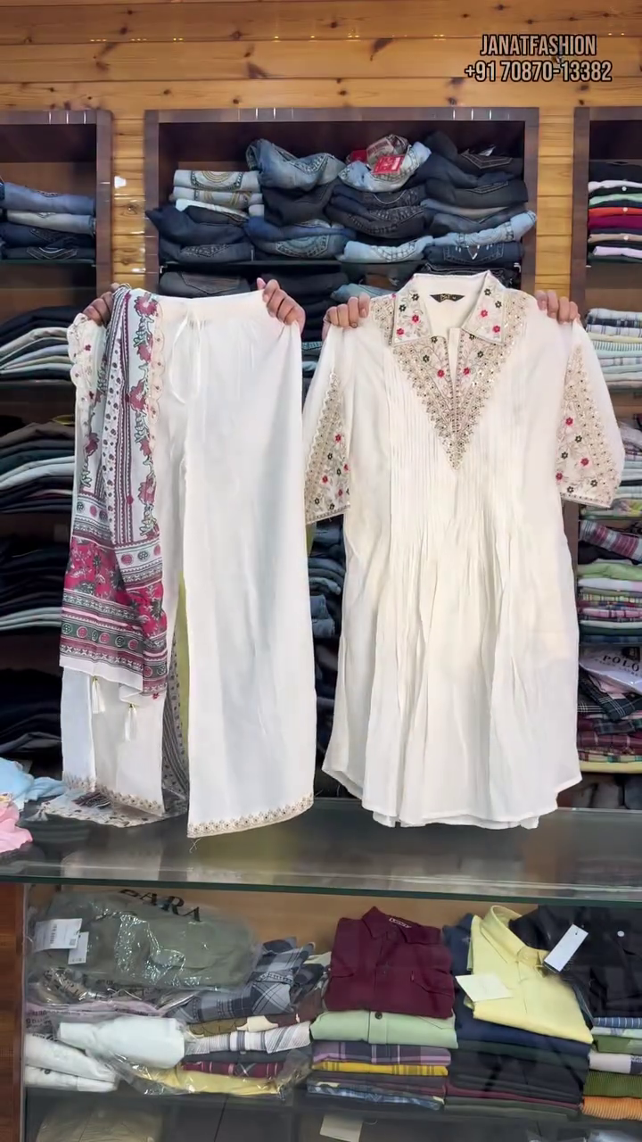 White Embroidered Ethnic Kurti with Straight Pants and Printed Dupatta