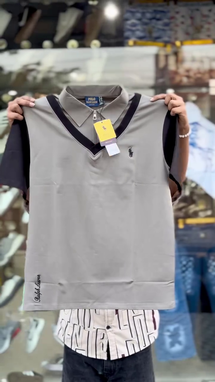 Grey Minimalist V-Neck Layered Style Casual Streetwear T-Shirt