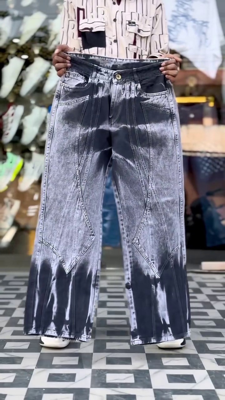Light Blue Star Patch Distressed Wide-Leg Street Style Denim Jeans