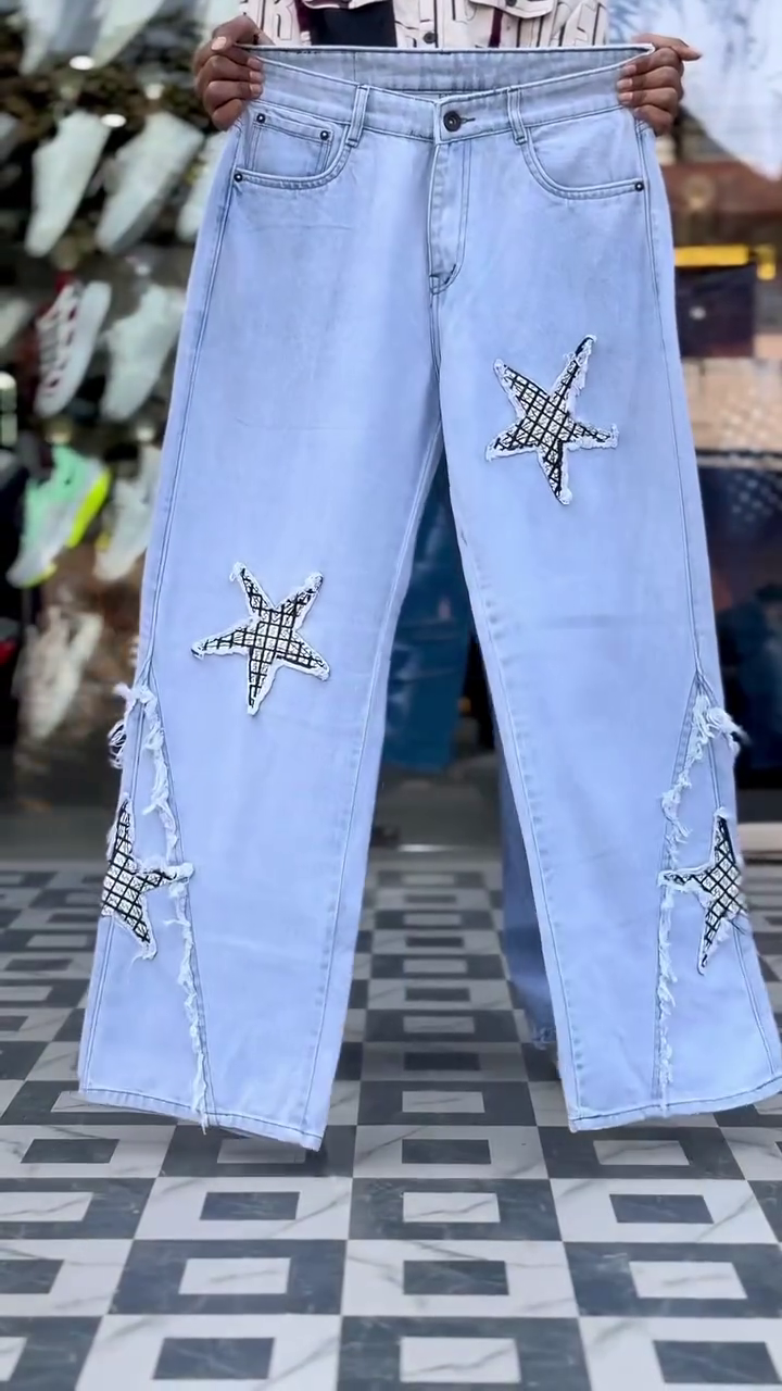 Light Blue Star Patch Distressed Wide-Leg Street Style Denim Jeans
