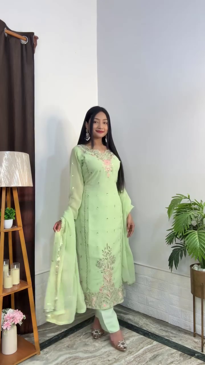 Embroidered Straight Kurta With  Palazzo Ethnic Festive Suit Set