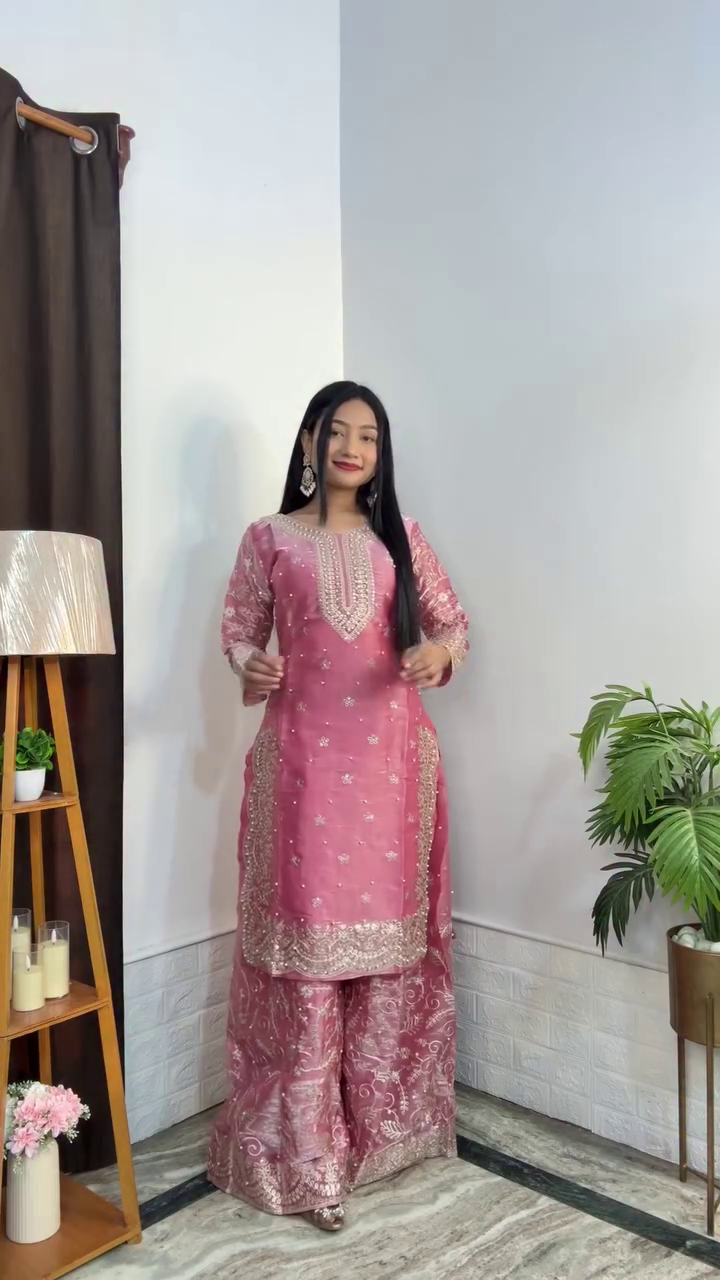 Embroidered Straight Kurta With  Palazzo Ethnic Festive Suit Set
