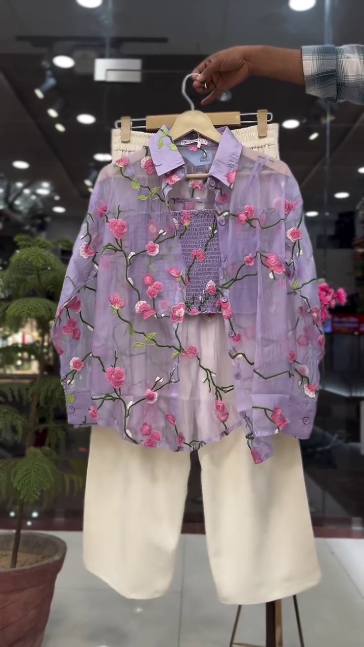 Elegant Olive Green Floral Embroidered Sheer Jacket with Premium White Wide-Leg Pants Co-Ord Set 🌿🌸✨