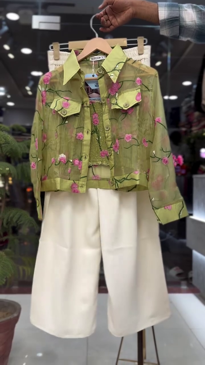 Elegant Olive Green Floral Embroidered Sheer Jacket with Premium White Wide-Leg Pants Co-Ord Set 🌿🌸✨