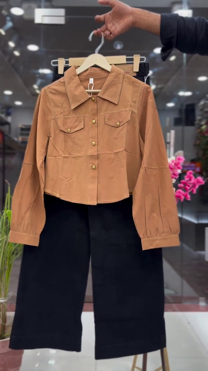 Minimalist Camel Brown Cropped Utility Jacket with Premium Black Wide-Leg Pants Co-Ord Set 🤎🖤✨