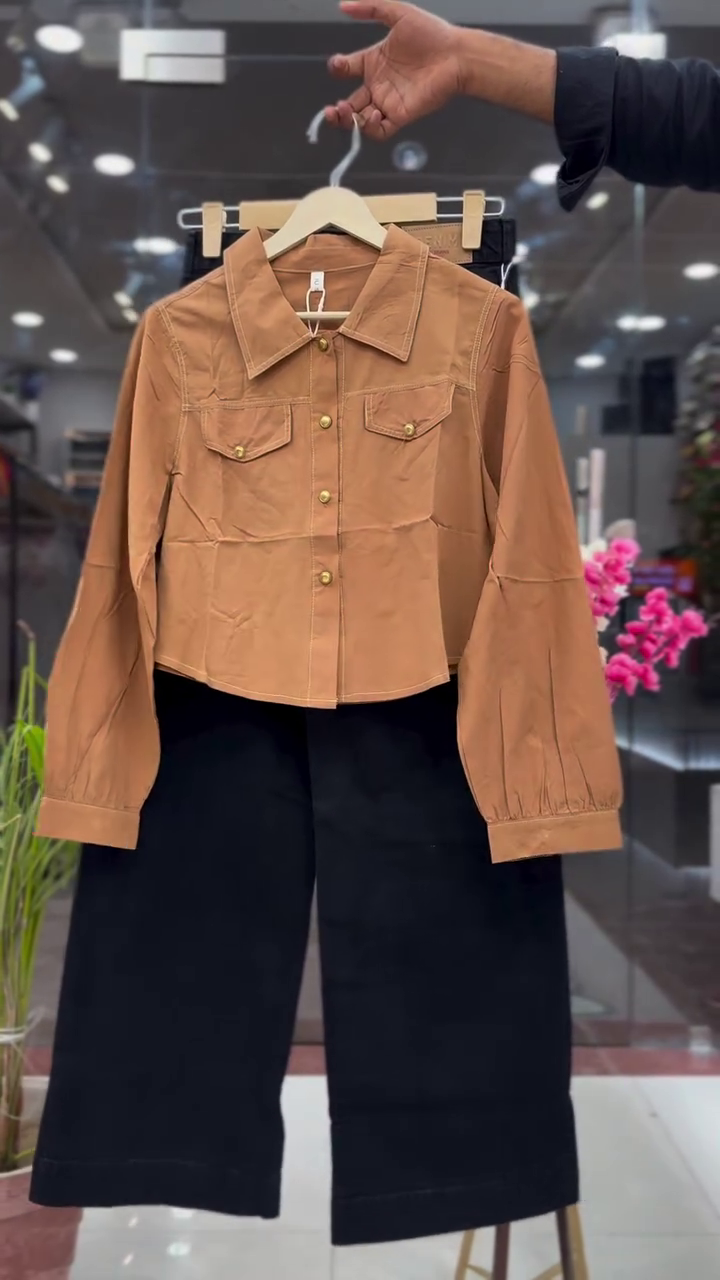 Minimalist Camel Brown Cropped Utility Jacket with Premium Black Wide-Leg Pants Co-Ord Set 🤎🖤✨