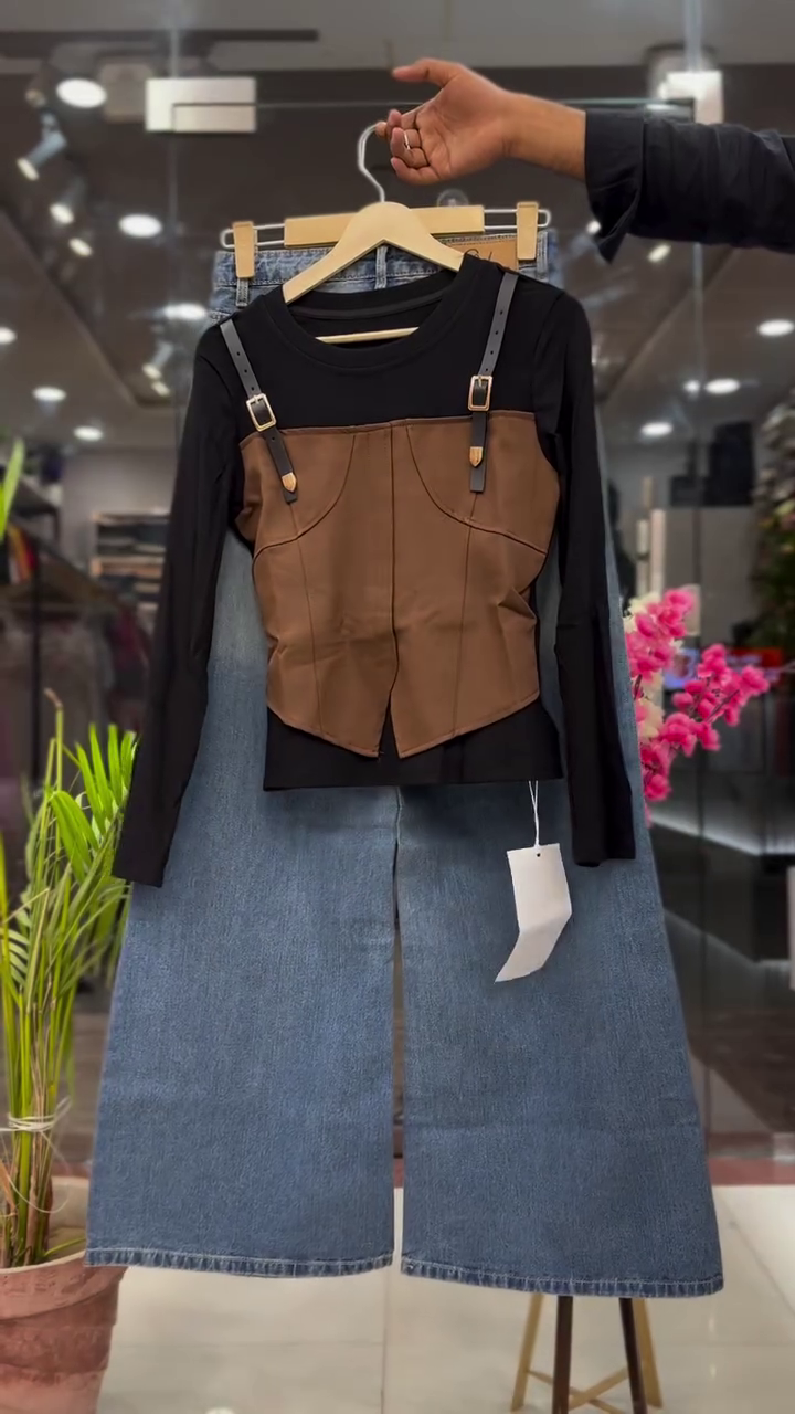 Modern Black Full Sleeve Top with White Corset Style Detail and Premium Denim Midi Skirt Set 🖤🤍👗✨