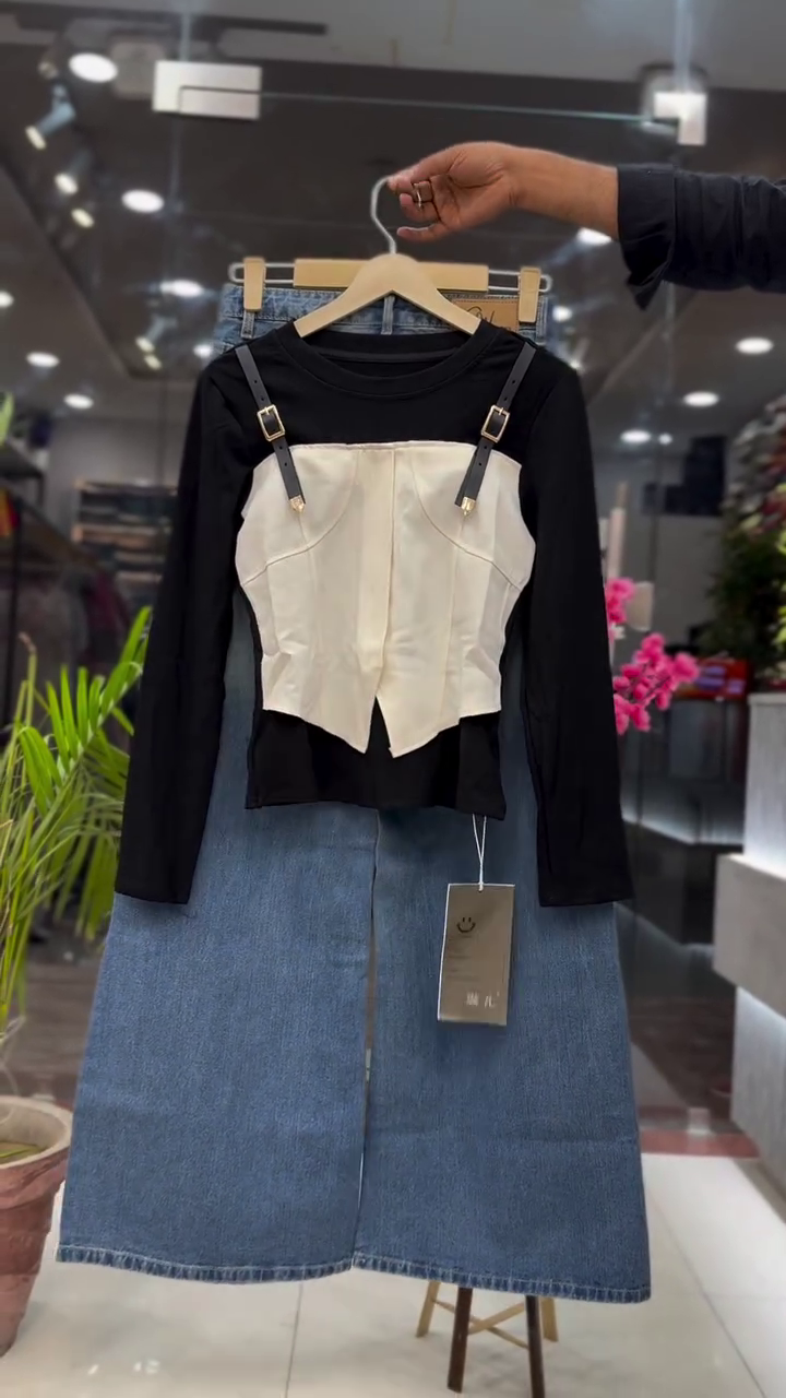 Modern Black Full Sleeve Top with White Corset Style Detail and Premium Denim Midi Skirt Set 🖤🤍👗✨