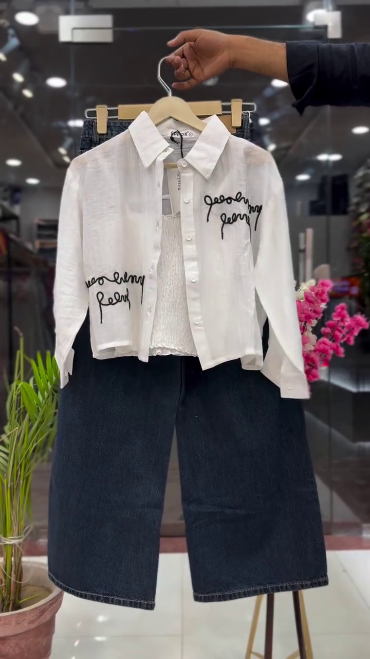 Elegant Sky Blue Embroidered Oversized Shirt with Smocked Inner Top and Dark Denim Wide-Leg Pants Set 💙✨👖