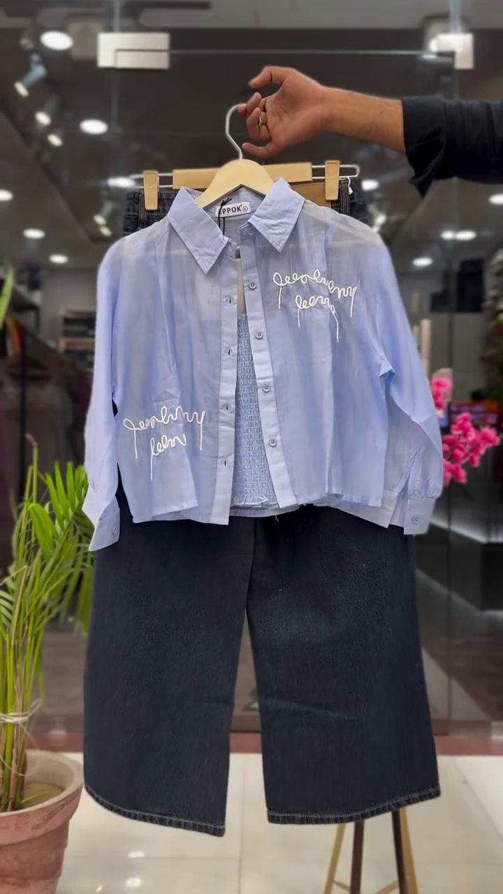 Elegant Sky Blue Embroidered Oversized Shirt with Smocked Inner Top and Dark Denim Wide-Leg Pants Set 💙✨👖