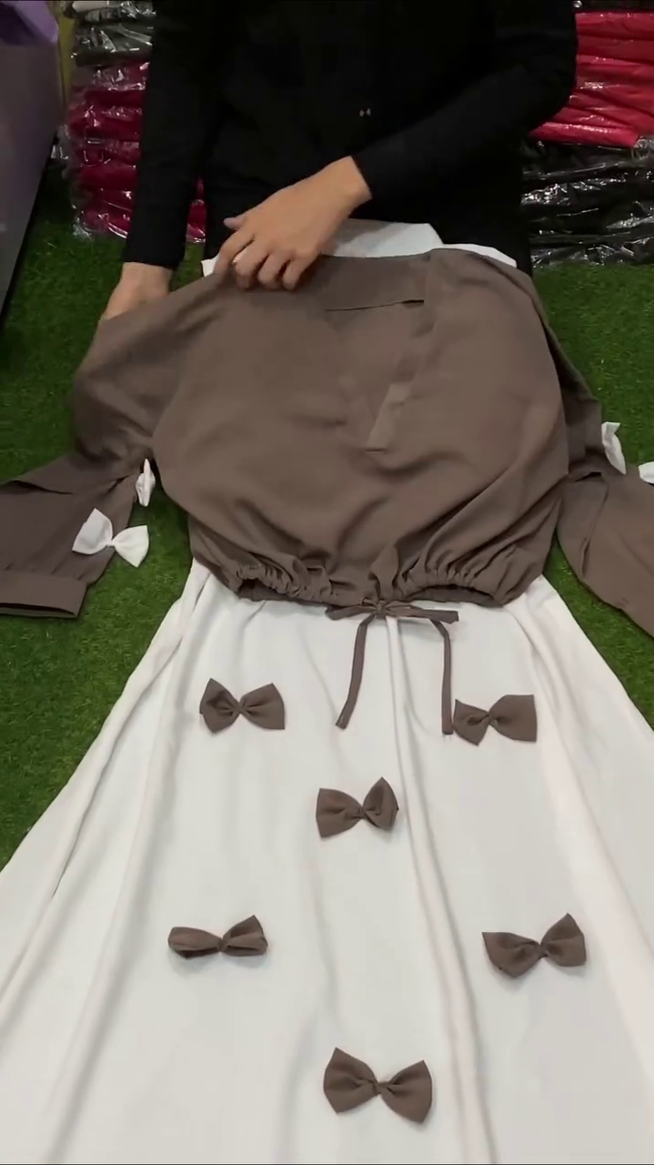 Elegant Mocha Bow Detail Flared Skirt Co-Ord Dress Set 🤎🎀✨