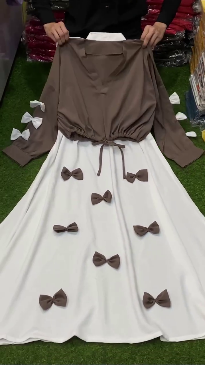 Elegant Mocha Bow Detail Flared Skirt Co-Ord Dress Set 🤎🎀✨