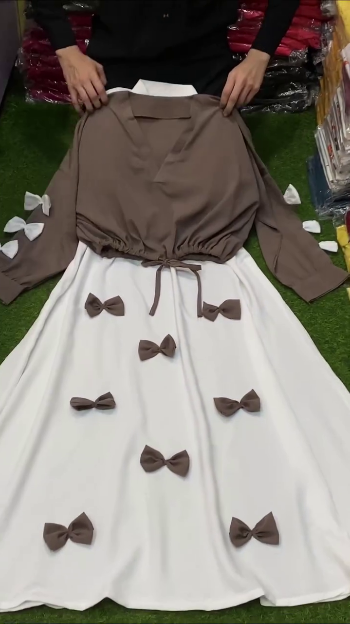Elegant Mocha Bow Detail Flared Skirt Co-Ord Dress Set 🤎🎀✨