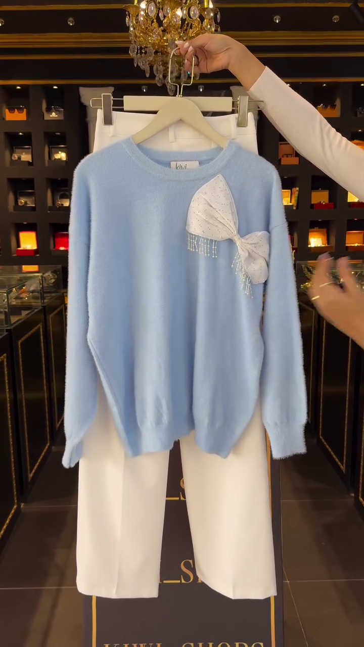 Elegant Sky Blue Soft Knit Bow Detail Sweater & Classic White Straight Fit  Pants Co-Ord Set ✨🩵🤍