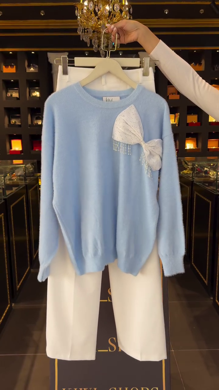 Elegant Sky Blue Soft Knit Bow Detail Sweater & Classic White Straight Fit  Pants Co-Ord Set ✨🩵🤍