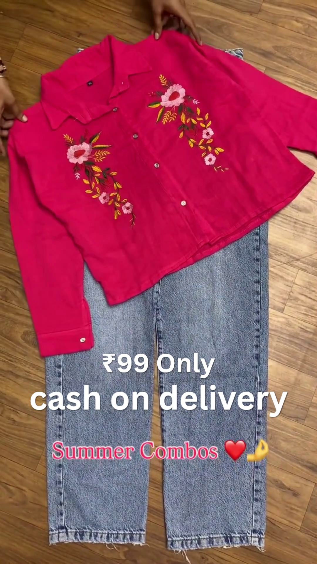 Elegant Floral Embroidered Hot Pink Casual Shirt with Premium Light Wash Straight Fit Denim Jeans Combo for Women 🌺💖👖