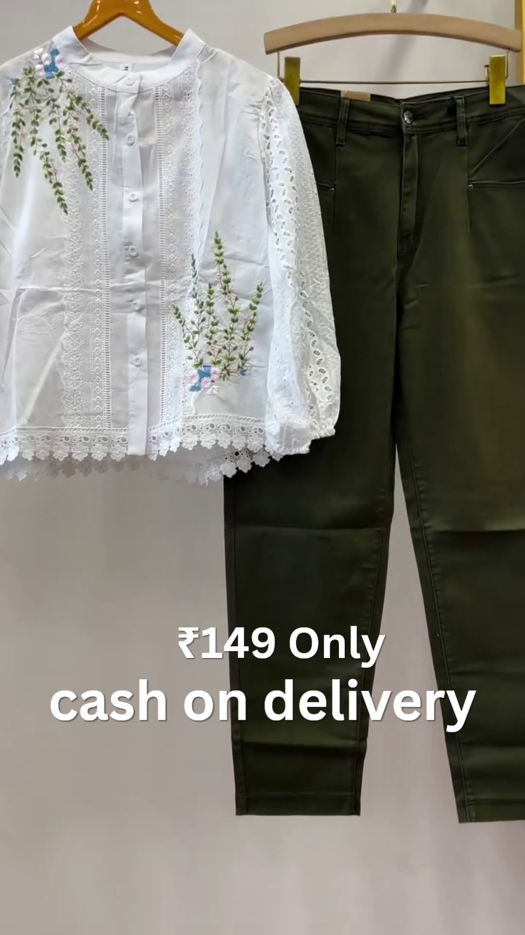 Elegant Floral Embroidered White Lace Top with Premium Olive Straight Fit  Pants Co-Ord Outfit Set for Women 🌸🤍✨