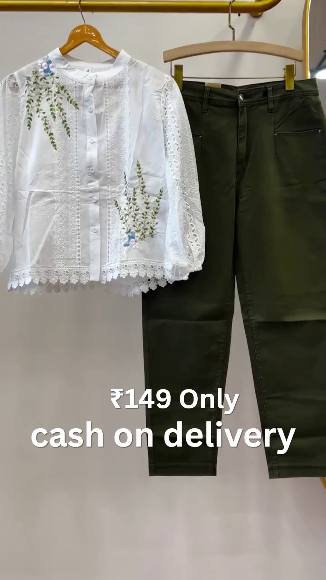 Elegant Floral Embroidered White Lace Top with Premium Olive Straight Fit  Pants Co-Ord Outfit Set for Women 🌸🤍✨