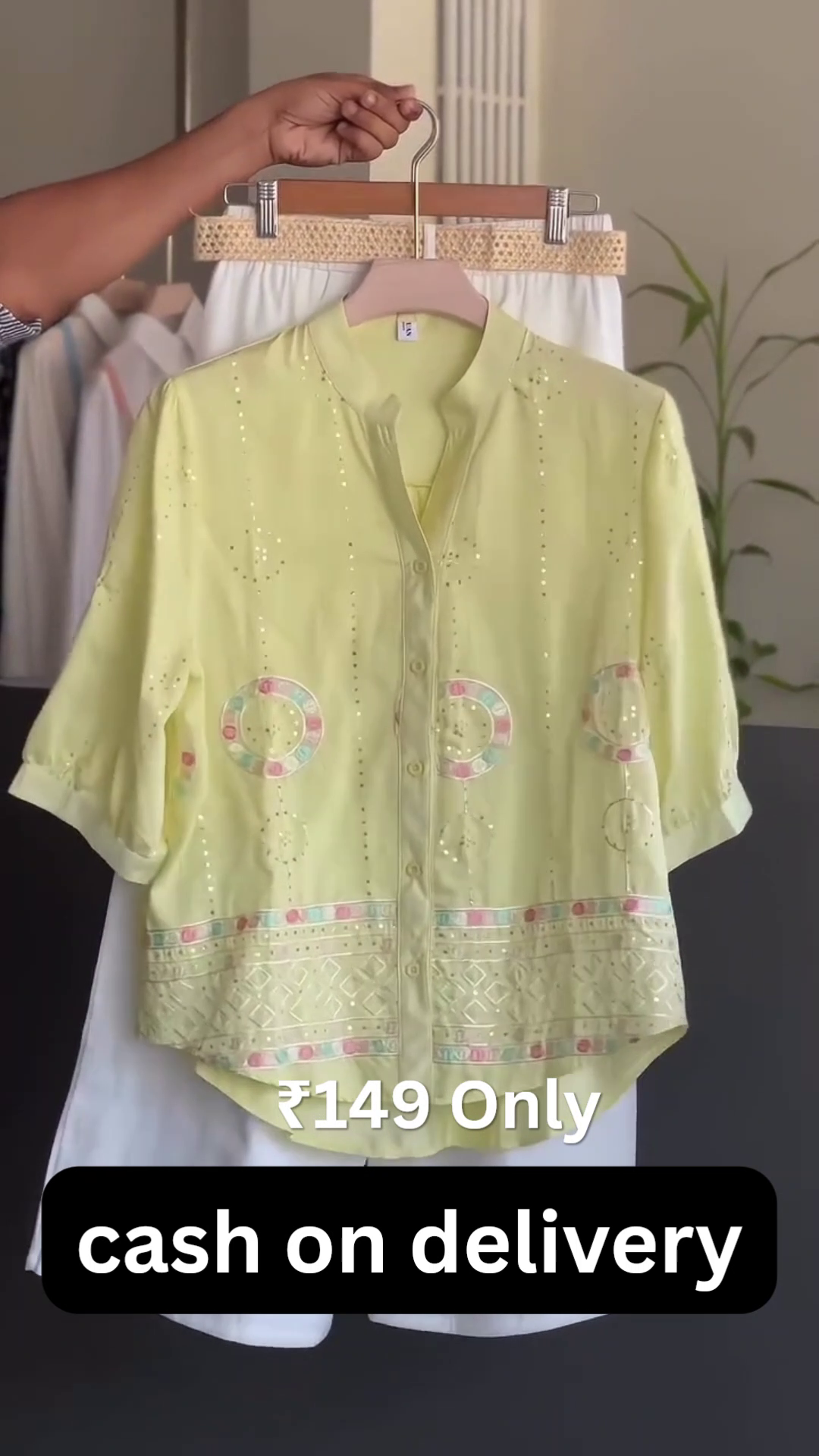 Women’s Premium Pastel Lime Embroidered Button-Down Ethnic Shirt Top with Elegant White Palazzo  Pants Co-Ord Set