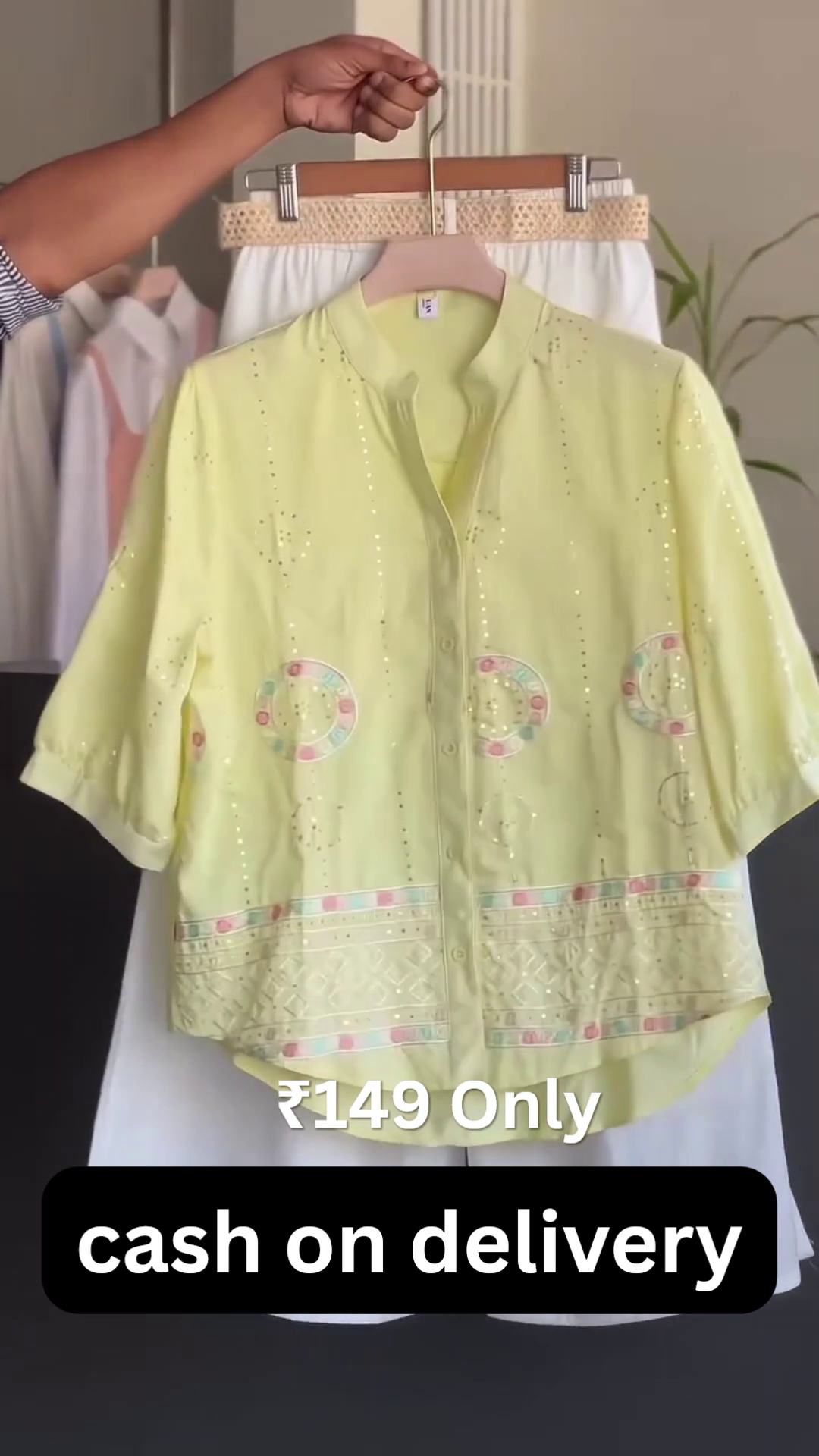Women’s Premium Pastel Lime Embroidered Button-Down Ethnic Shirt Top with Elegant White Palazzo  Pants Co-Ord Set