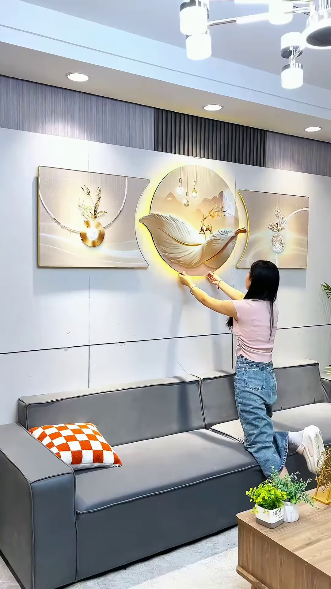 🖼️✨ Luxury Modern 3D LED Wall Art Decoration Set – Elegant Nordic Living Room Hanging Panels with Ambient Light Effect 💡🏡