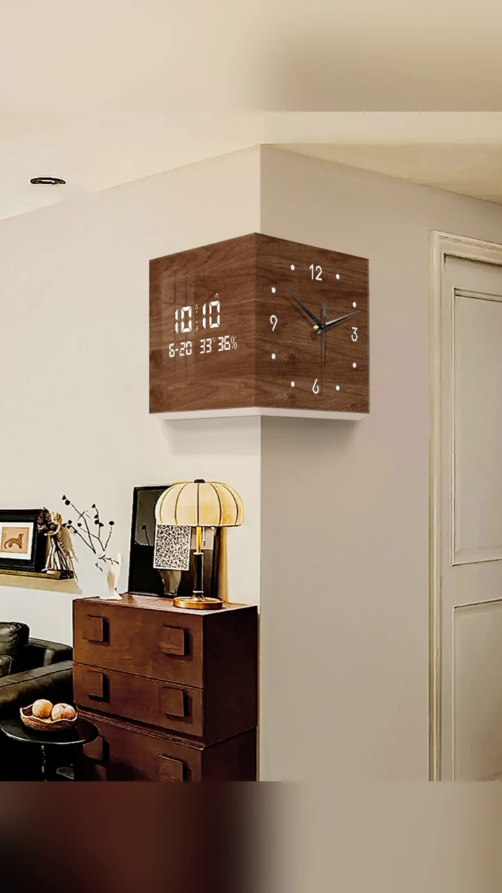 🕰️🏡 Modern Wooden LED Corner Wall Clock – Smart Decorative Floating Time Display with Digital & Analog Dual Design ✨🌳