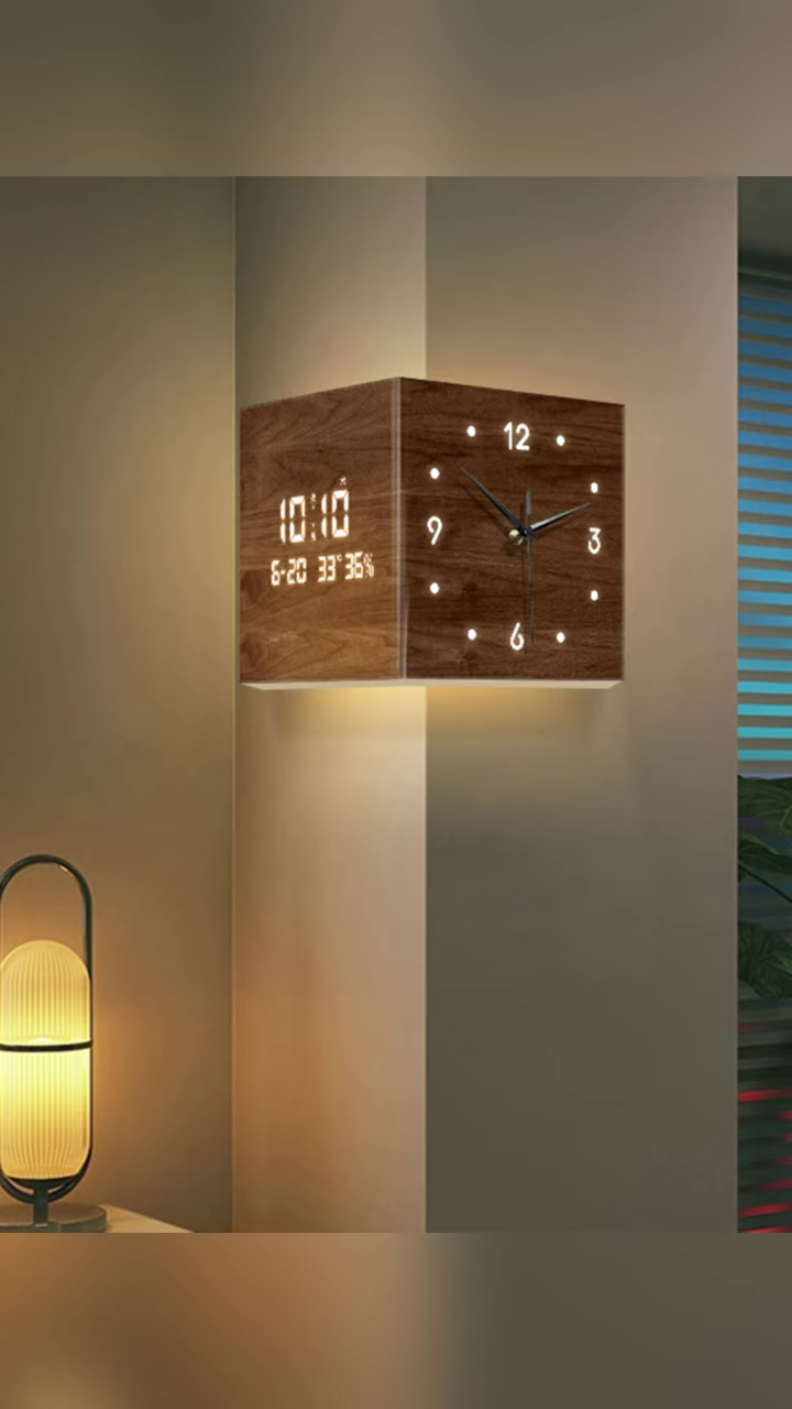 🕰️🏡 Modern Wooden LED Corner Wall Clock – Smart Decorative Floating Time Display with Digital & Analog Dual Design ✨🌳