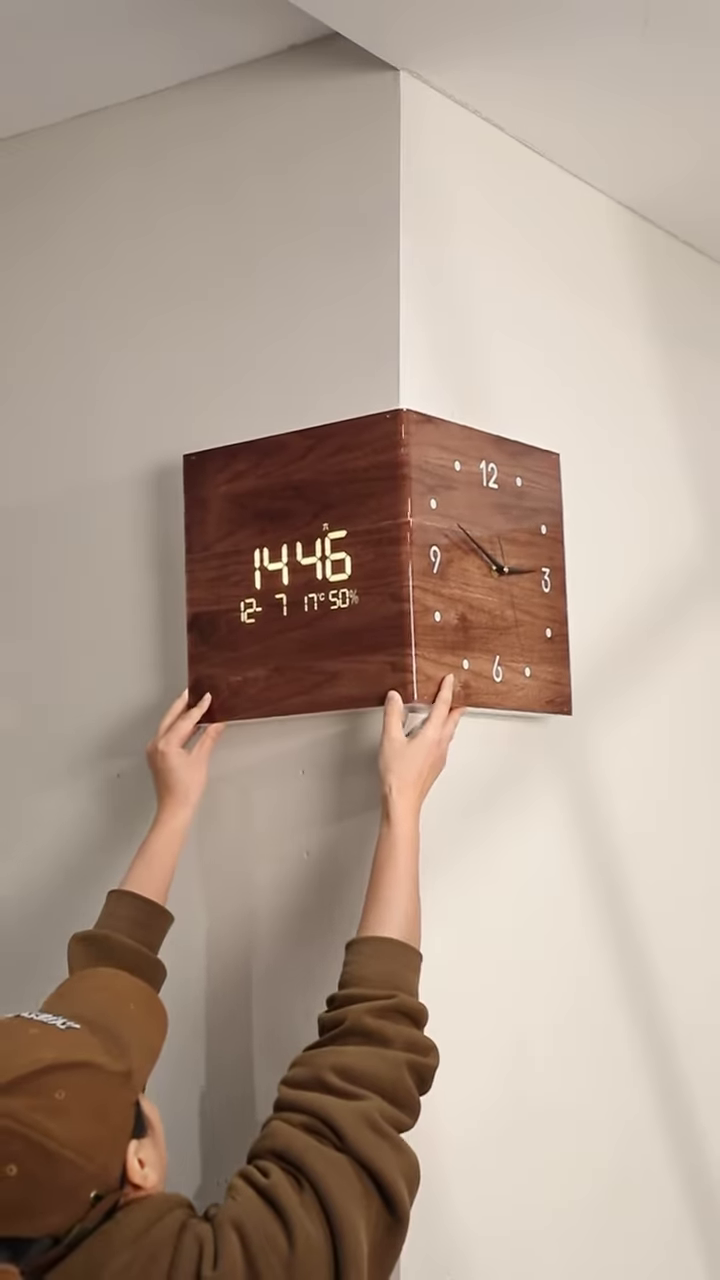 🕰️🏡 Modern Wooden LED Corner Wall Clock – Smart Decorative Floating Time Display with Digital & Analog Dual Design ✨🌳