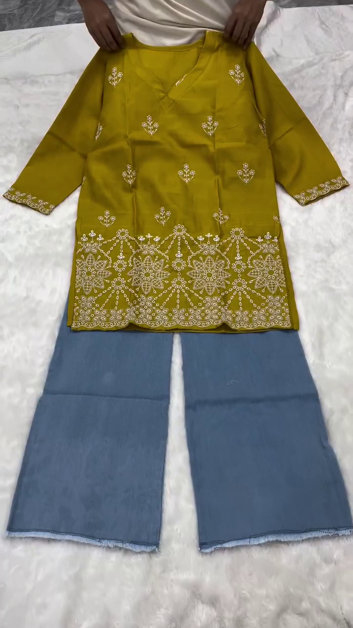 💛 Noor Luxe Embroidered Kurti & Denim Pants Set – Elegant Casual Ethnic Wear | Multiple Colors, Designs & Sizes XXS to XXL ✨👖🌸