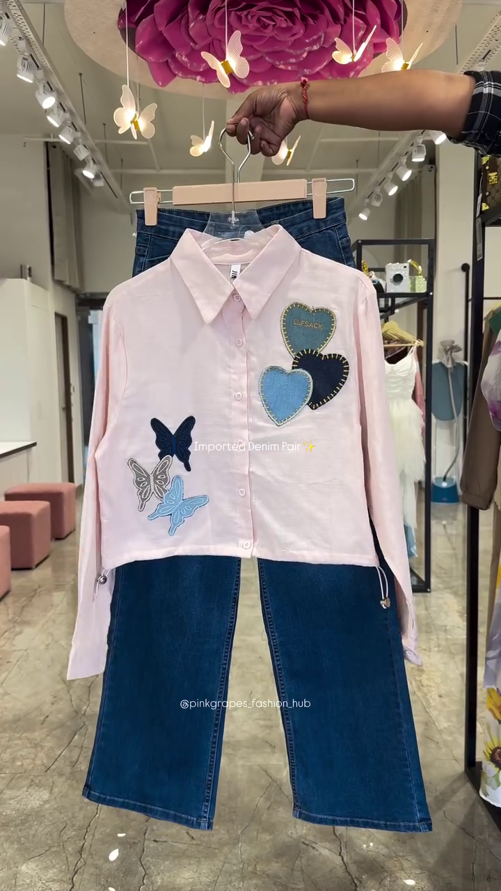 💙 Butterfly Heart Denim Co-Ord Set – Premium Casual Shirt & Wide-Leg Jeans Combo | Multiple Colors, Designs & Sizes XXS to XXL ✨🦋👖