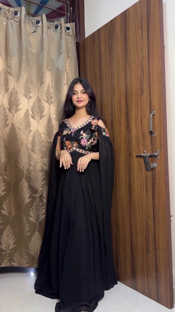 🖤 Midnight Blossom Embroidered Gown – Luxury Floral Evening Dress | Elegant Party Wear Collection | XXS to XXL ✨🌸