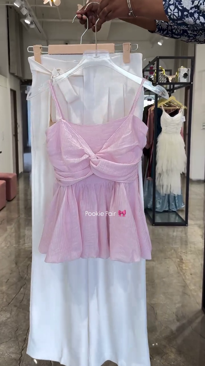 💗 Blush Pink Peplum Top + White Wide Leg Pants Combo – Soft Girl Aesthetic Co-Ord Set | Chic Casual Outfit ✨🤍