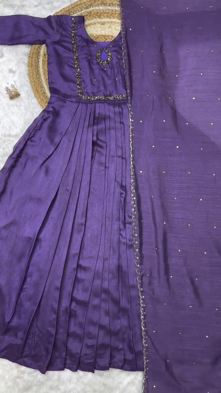 💜 Royal Purple Pleated Designer Anarkali Suit Set with Embroidered Dupatta – Festive Ethnic Grace Collection ✨👑