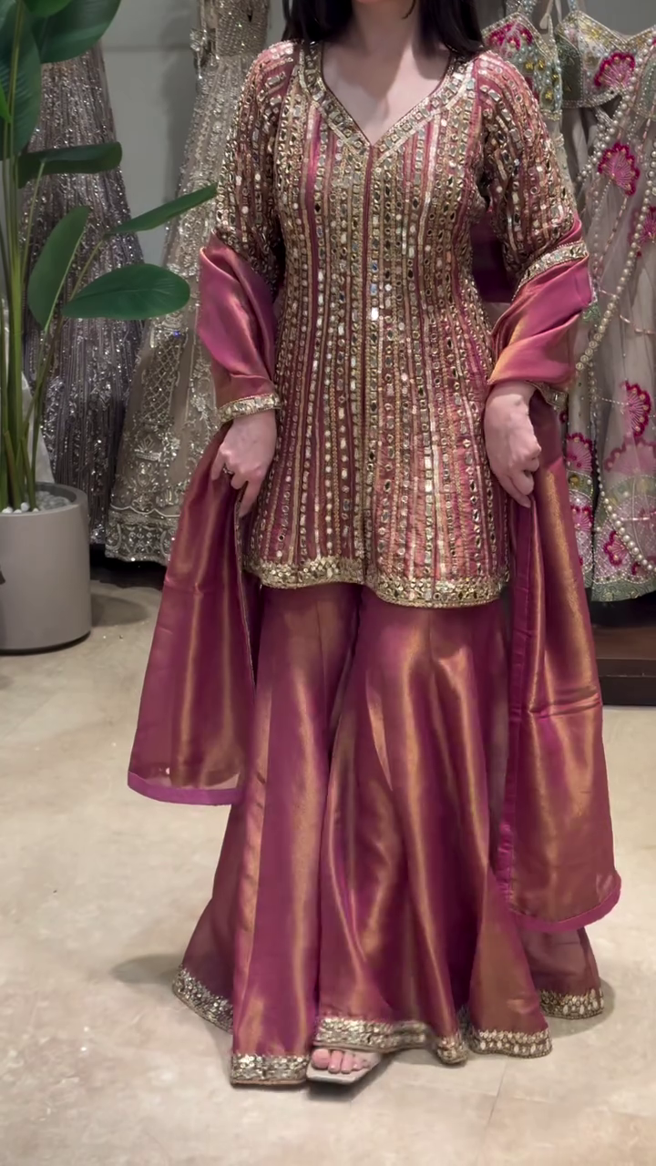👑✨ Royal Mauve Mirror Embellished Luxury Farshi Sharara Suit Set with Elegant Dupatta – Premium Festive Wedding Celebration Designer Ethnic Collection 💖🌸