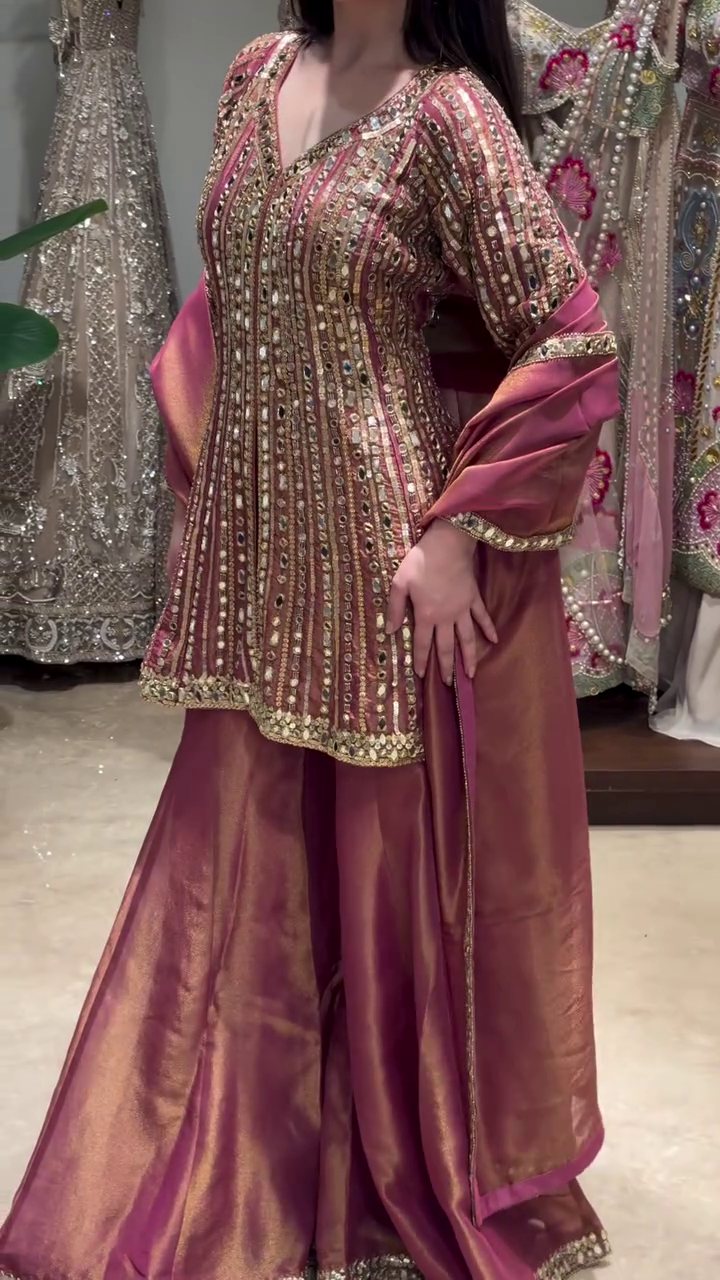 👑✨ Royal Mauve Mirror Embellished Luxury Farshi Sharara Suit Set with Elegant Dupatta – Premium Festive Wedding Celebration Designer Ethnic Collection 💖🌸