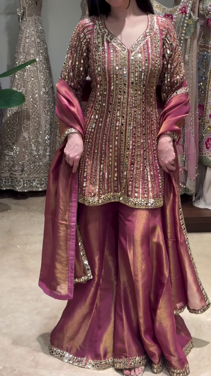 👑✨ Royal Mauve Mirror Embellished Luxury Farshi Sharara Suit Set with Elegant Dupatta – Premium Festive Wedding Celebration Designer Ethnic Collection 💖🌸