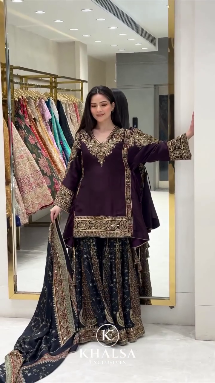 🖤👑 Royal Midnight Black & Deep Plum Embroidered Farshi Sharara Suit Set with Luxury Dupatta – Premium Festive Traditional Designer Ethnic Celebration Collection ✨💜
