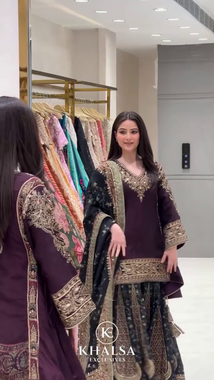 🖤👑 Royal Midnight Black & Deep Plum Embroidered Farshi Sharara Suit Set with Luxury Dupatta – Premium Festive Traditional Designer Ethnic Celebration Collection ✨💜