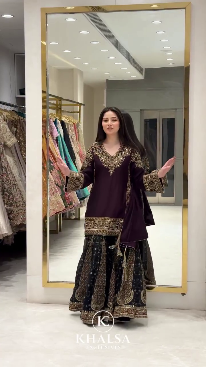 🖤👑 Royal Midnight Black & Deep Plum Embroidered Farshi Sharara Suit Set with Luxury Dupatta – Premium Festive Traditional Designer Ethnic Celebration Collection ✨💜