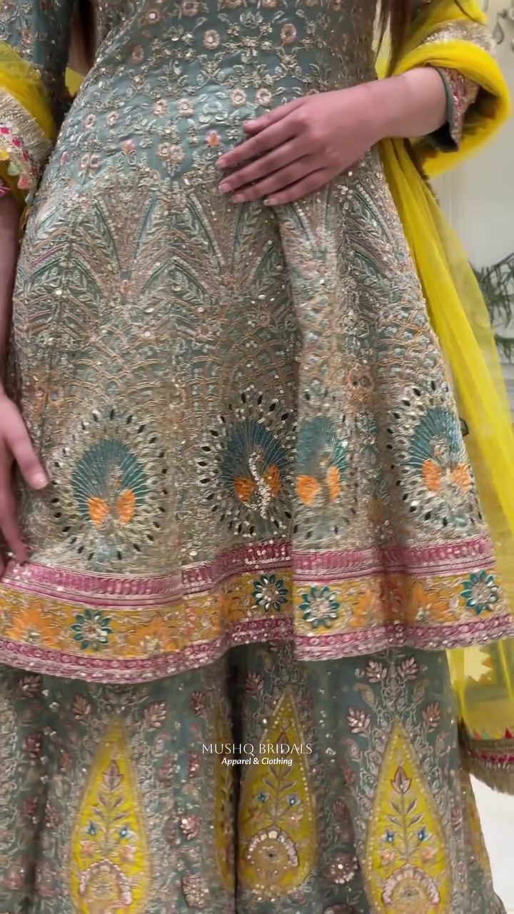 💚✨ Royal Mint Sage Heavy Embroidered Farshi Sharara Suit Set with Vibrant Yellow Dupatta – Luxury Festive Wedding Designer Ethnic Wear Collection 👑🌼
