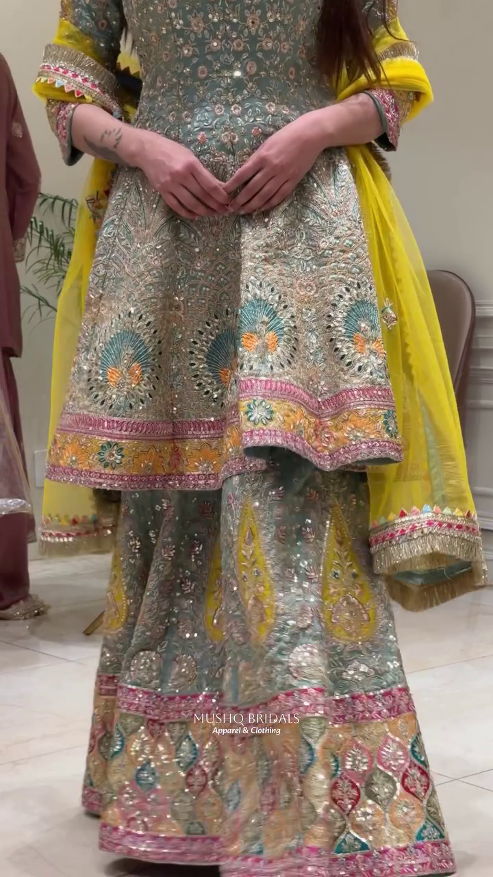 💚✨ Royal Mint Sage Heavy Embroidered Farshi Sharara Suit Set with Vibrant Yellow Dupatta – Luxury Festive Wedding Designer Ethnic Wear Collection 👑🌼