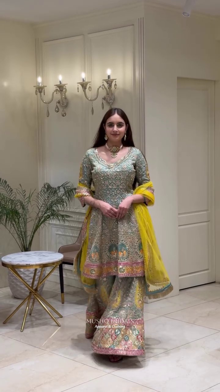 💚✨ Royal Mint Sage Heavy Embroidered Farshi Sharara Suit Set with Vibrant Yellow Dupatta – Luxury Festive Wedding Designer Ethnic Wear Collection 👑🌼