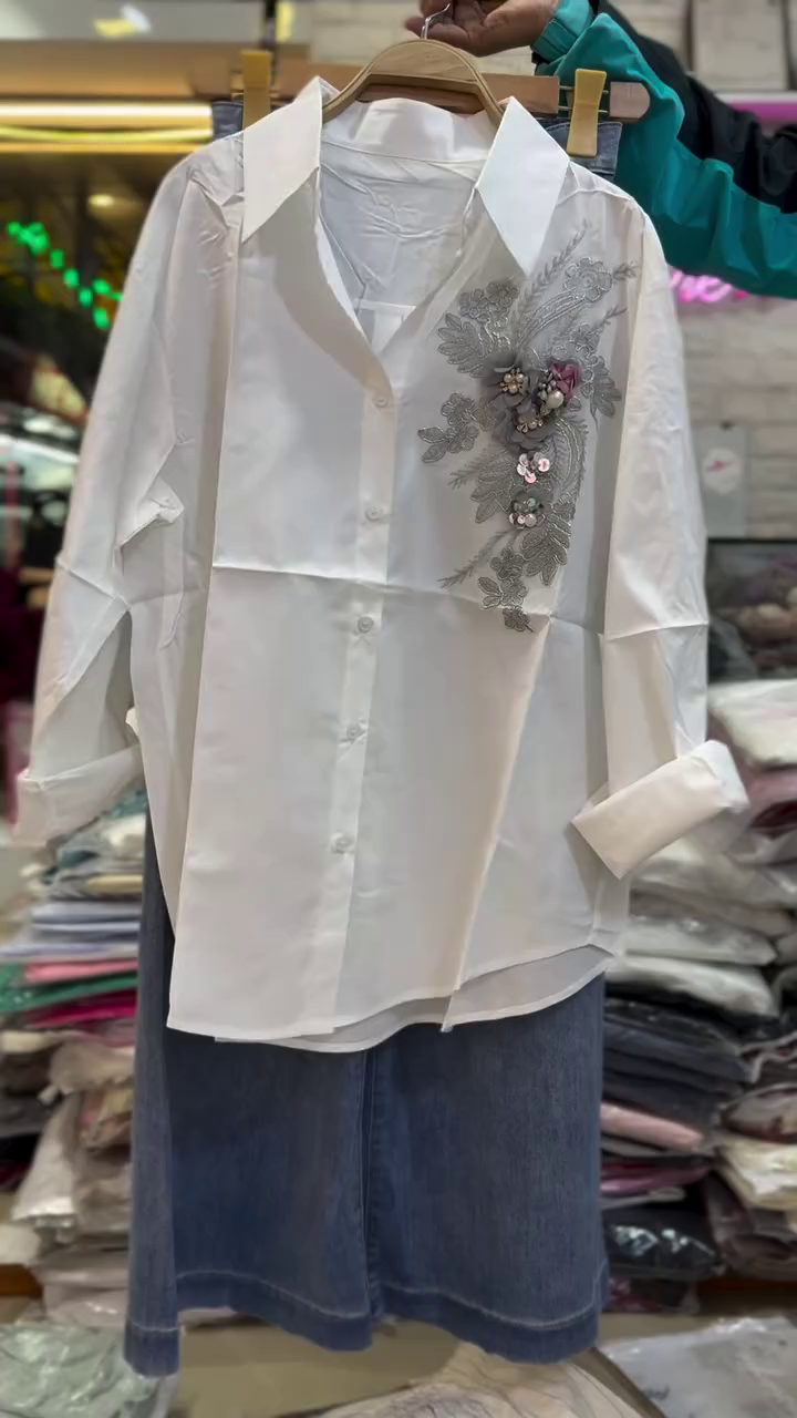 ✨ Elegant Blossom Embroidered Shirt & Denim Set – Premium Chic Casual Wear 🌸👔