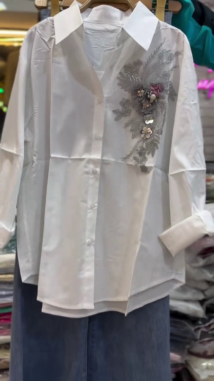 ✨ Elegant Blossom Embroidered Shirt & Denim Set – Premium Chic Casual Wear 🌸👔