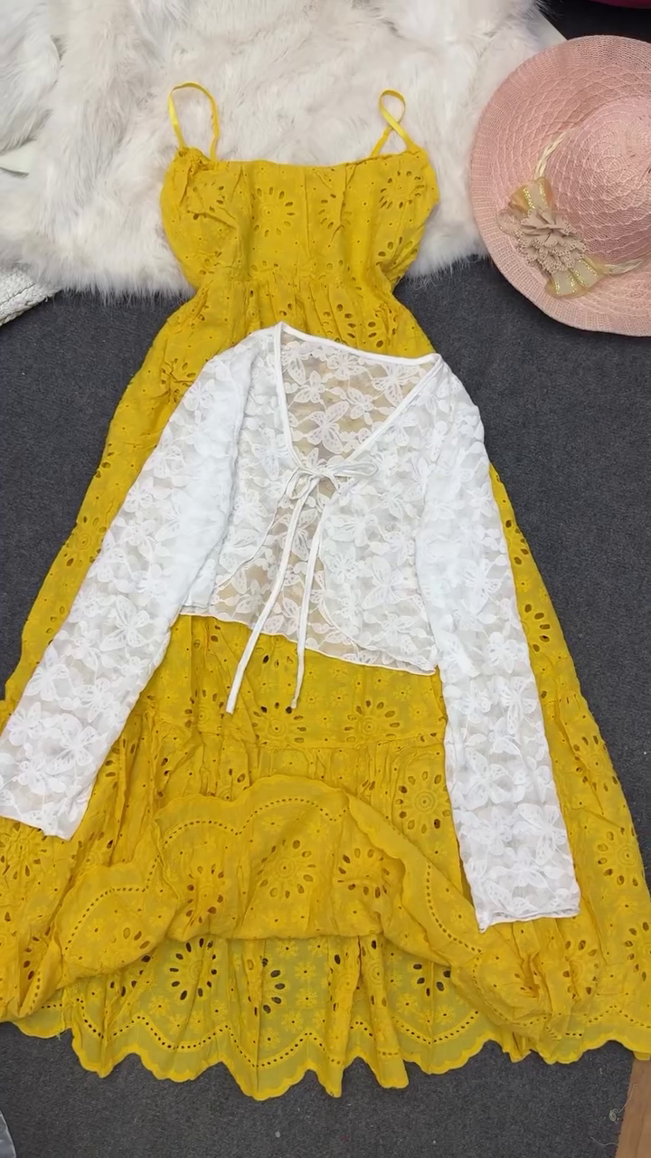 💛 Sunshine Bloom Lace Layered Summer Dress Set for Women ✨🌼👗