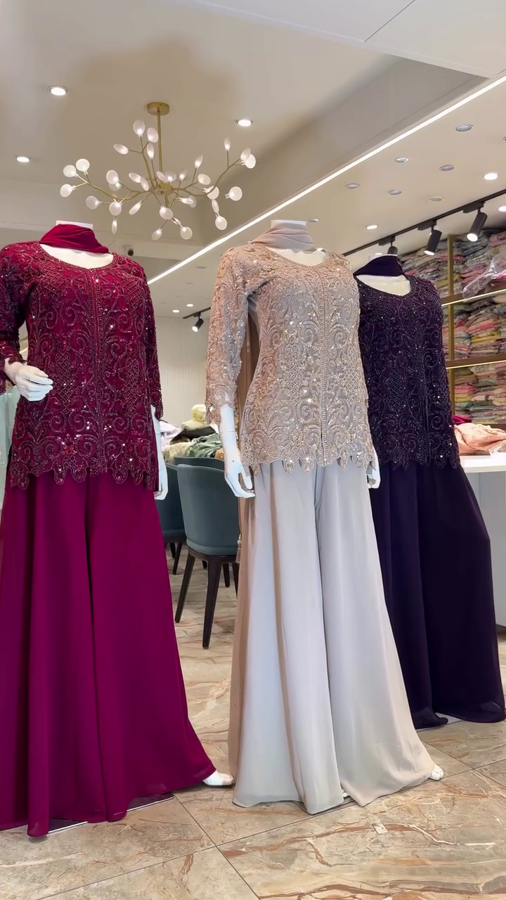 Luxury Premium Embellished Evening Top & Flowing Palazzo Pants Elegant Occasion Wear Ensemble ✨👑🌸💎