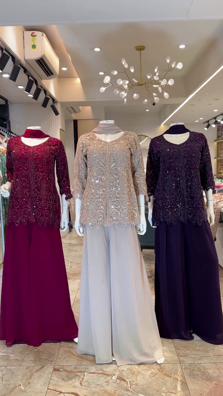 Luxury Premium Embellished Evening Top & Flowing Palazzo Pants Elegant Occasion Wear Ensemble ✨👑🌸💎