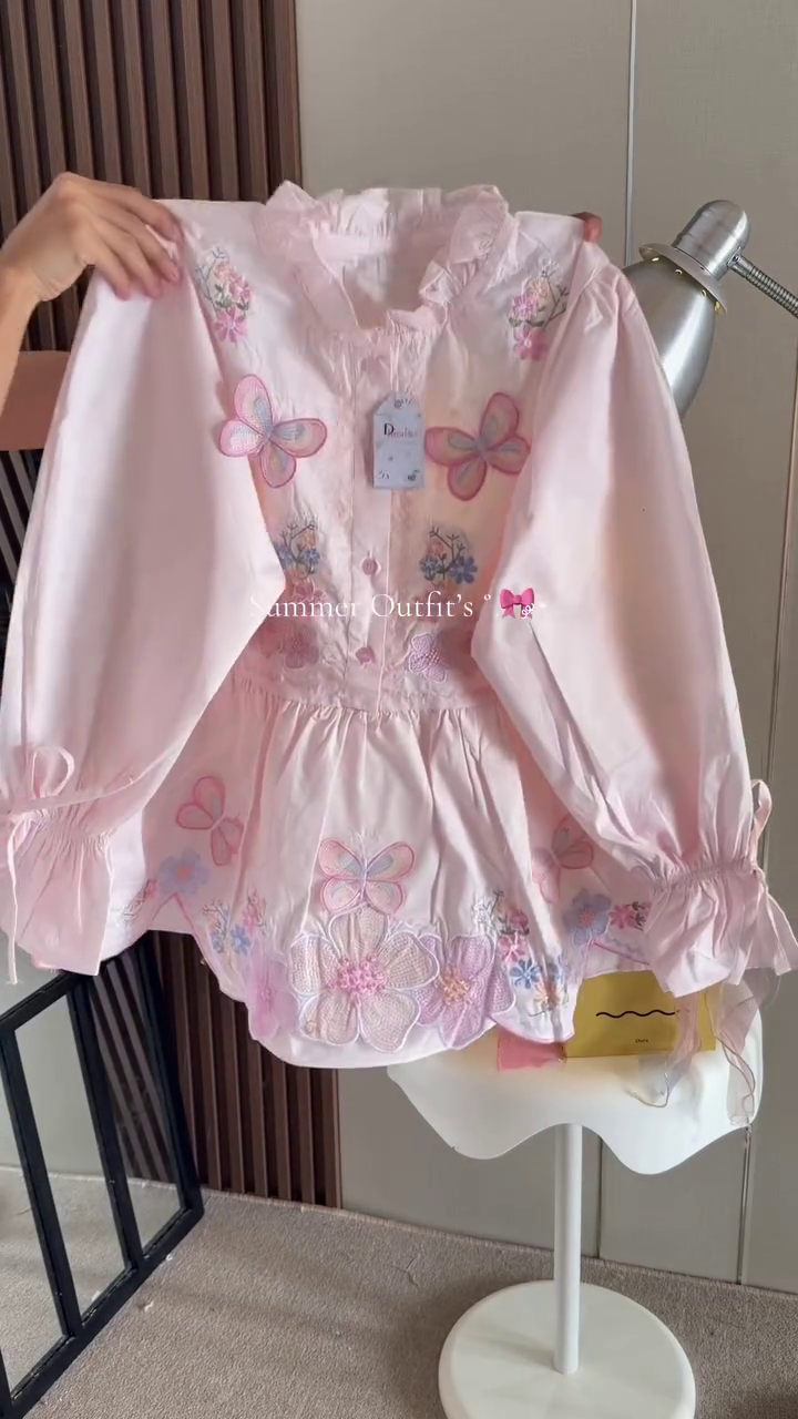 Premium Sweet Pastel Pink Floral Embroidered Butterfly Detail Summer Two-Piece Relaxed Fit Blouse & Wide-Leg Trouser Co-Ord Set 🌸🦋💖✨